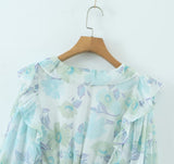 Romantic Full Lantern Sleeve Flower Print Mini Dress Woman Spliced Wood ears Ruffles Hem Elastic Package Hips Holiday Robe