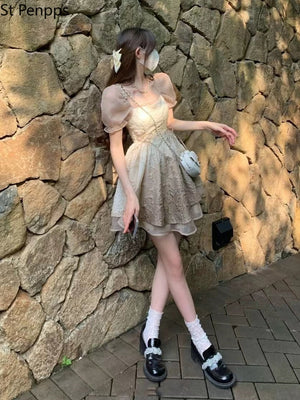 Pure Desire Mesh Dress Female First Love French Sweet Waist Temperament Tie Design Small Small Short Skirt