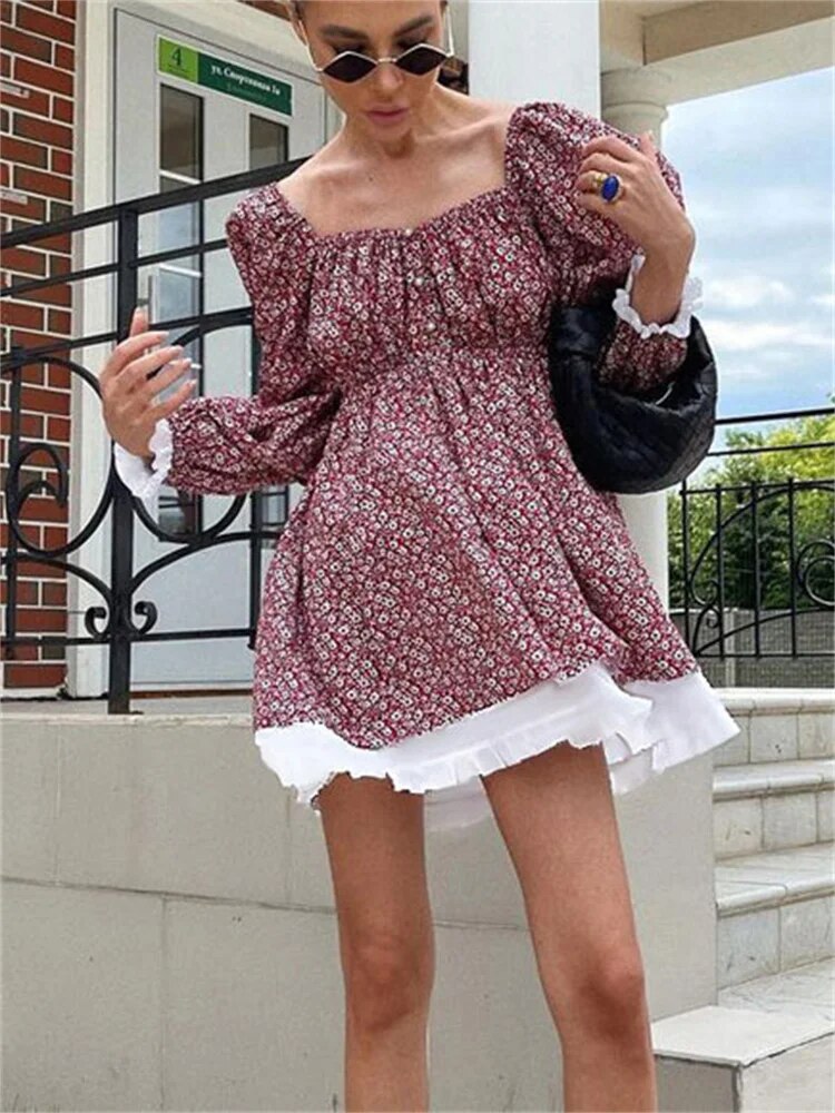 Printed Off-Shoulder Ruffled Mini Dress For women Square Collar Fashion Casual Elegant Party Dress Evening Mini Dress