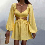 Lantern Sleeve Sexy Waist Backless Yellow Summer Spring Beach Dress for Women Solid A-line Femme Dress Vestidos