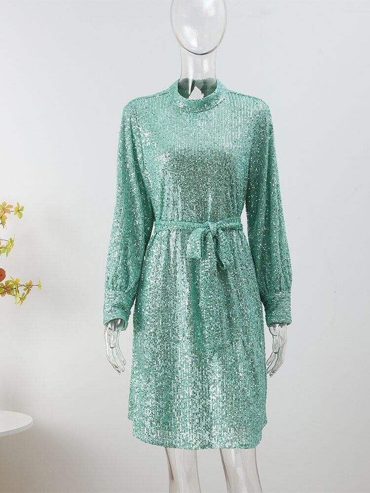 Sequins Women Lace Up Dress Green Turtleneck Long Sleeeve Midi Female Dresses  Autumn Winter Ruffle Party Club Lady