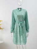 Sequins Women Lace Up Dress Green Turtleneck Long Sleeeve Midi Female Dresses  Autumn Winter Ruffle Party Club Lady