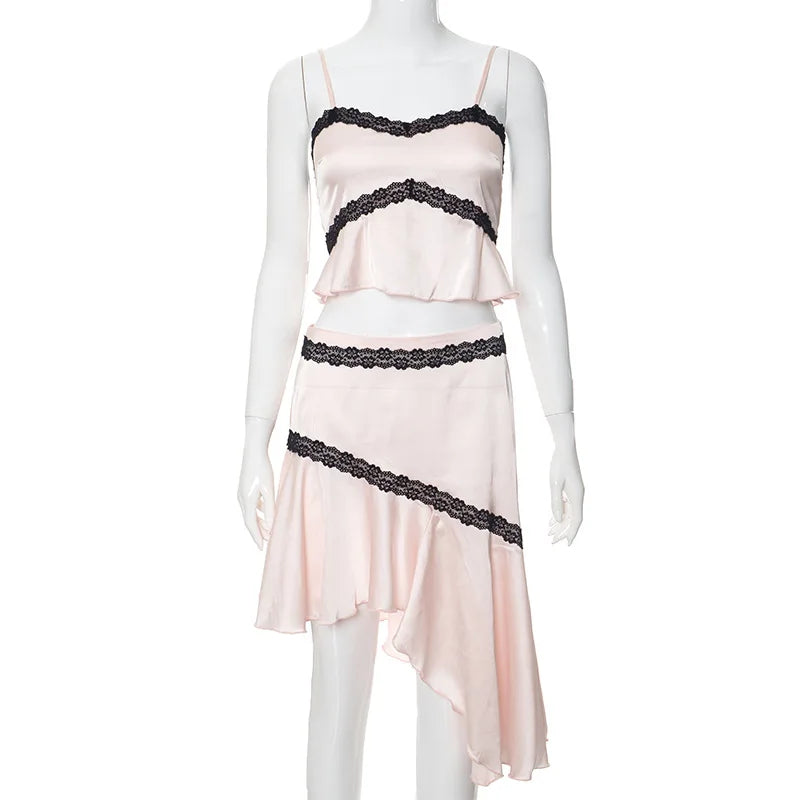 Lace Patchwork Slip Dress Sets For Women Satin Backless Crop Tops And Midi Skirts 2 Piece Sets Womens Outfits
