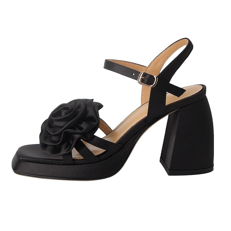 woloong Woman Shoes New Summer Fashion Chunky High Heels Platform Black Green Sweet Flower Dress Party Female Sandals