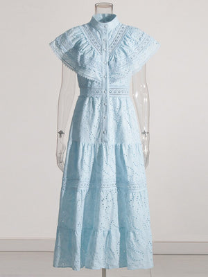 Embroidery Summer Dresses For Women Stand Collar Short Sleeve High Waist Folds Summer Dress Female Fashion Clothing