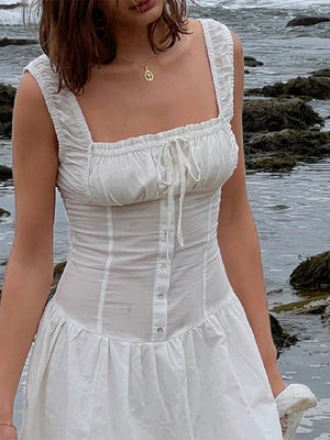 Sexy White Pleated Holiday Dress Woman Lace Up Square Collar Ruffles Female Dresses Elegant Button Sleeveless Beach Vestido