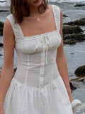 Sexy White Pleated Holiday Dress Woman Lace Up Square Collar Ruffles Female Dresses Elegant Button Sleeveless Beach Vestido