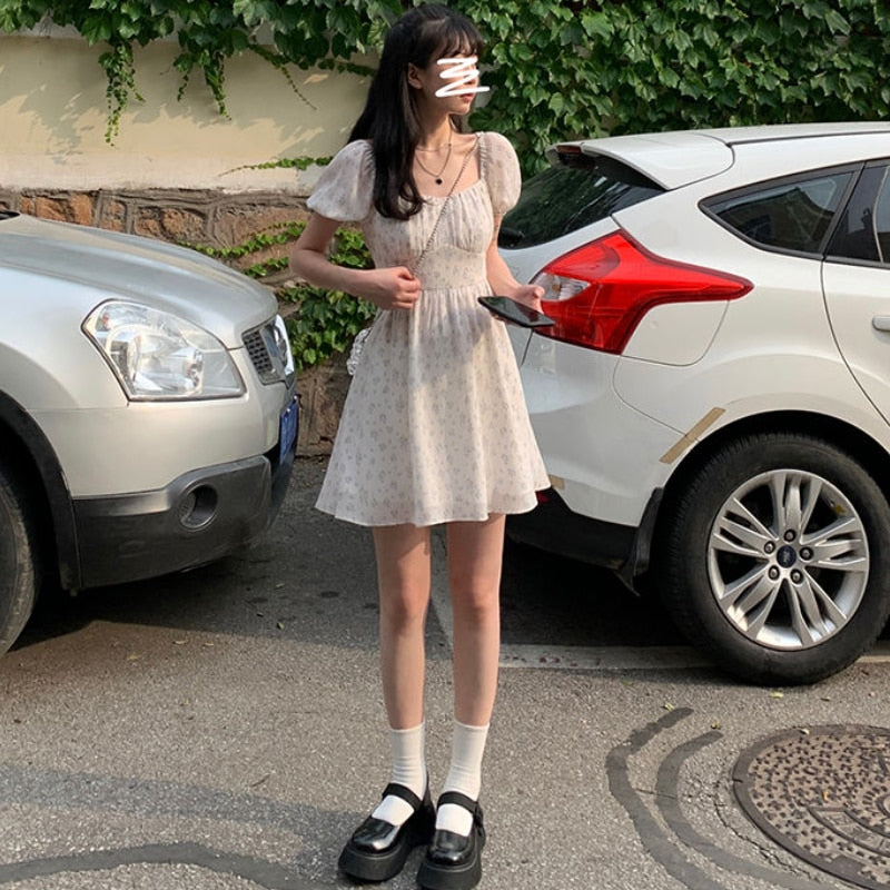 Dresses Women Puff Sleeve Holiday Sundress Hollow Out Floral Design Korean Style College Lovely Simple Trendy Summer