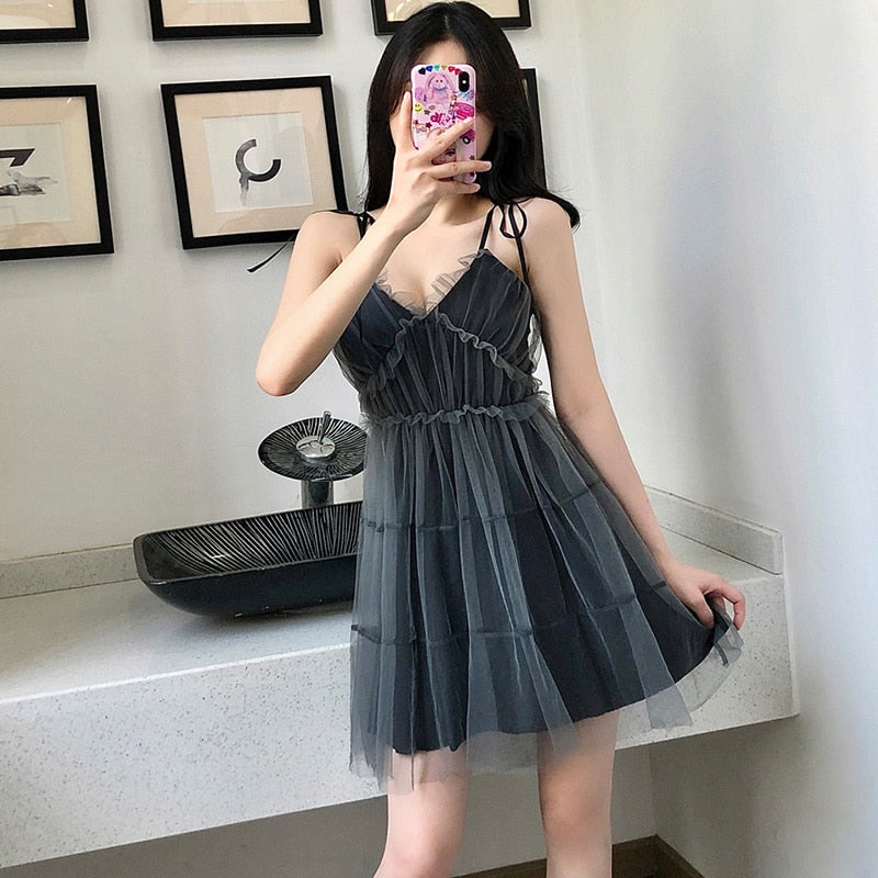 Spaghetti Strap Dress Black Sweet Princess High Waist A-line Sexy Mini Dress Puffy Vintage Mesh Dress Sundress  Women Clothing