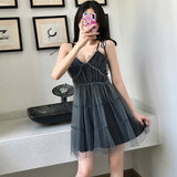 Spaghetti Strap Dress Black Sweet Princess High Waist A-line Sexy Mini Dress Puffy Vintage Mesh Dress Sundress  Women Clothing