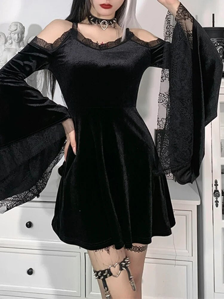 Goth Sexy Flare Sleeve Black Dress Y2K Harajuku High Waist A Line Mini Dresses Off Shoulder Punk Halloween Autumn Dress
