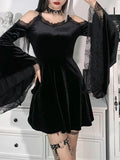Goth Sexy Flare Sleeve Black Dress Y2K Harajuku High Waist A Line Mini Dresses Off Shoulder Punk Halloween Autumn Dress