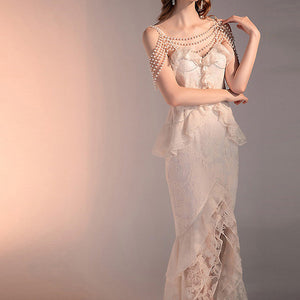 Lace Crochet Ruffles Bodycon Midi Dress Summer Spaghetti Strap Pearl Beading Party Irregular Dresses Women Elegant