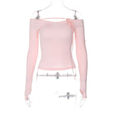 Elegant Women's Spring Autumn Slim Crop Tops Solid Color Long Sleeve Off Shoulder Bandage T-shirt Vintage Harajuku Tee Top