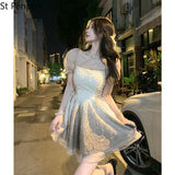Pure Desire Mesh Dress Female First Love French Sweet Waist Temperament Tie Design Small Small Short Skirt