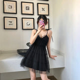 Spaghetti Strap Dress Black Sweet Princess High Waist A-line Sexy Mini Dress Puffy Vintage Mesh Dress Sundress  Women Clothing