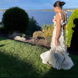 Woloong Party Dresses White Pretty Elegant Mermaid Prom Spaghetti Strap Sleeveless 3D Appliques Women Cocktail Night Gowns Custom Made