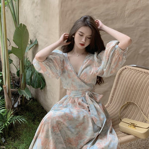 woloong Fairy Dress Floral Puff Sleeve Dress Female Summer Ladies Lace Wrap Dress V-neck One Piece Korean Style Tie Midi Dress Women Clothing
