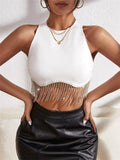Rhinestone Tasseled Summer Crop Tops Women Chic Sleeveless Crew Neck Tank Tops Club Party Streetwear Sexy Vest Tops
