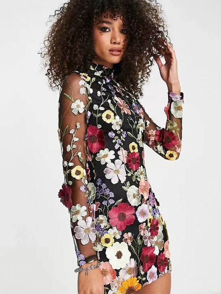 Flower Embroidery Women's Dress Sexy Hip Package Long Sleeve Bodycon Female Dresses  Spring Summer Elegant Mini Vestidos