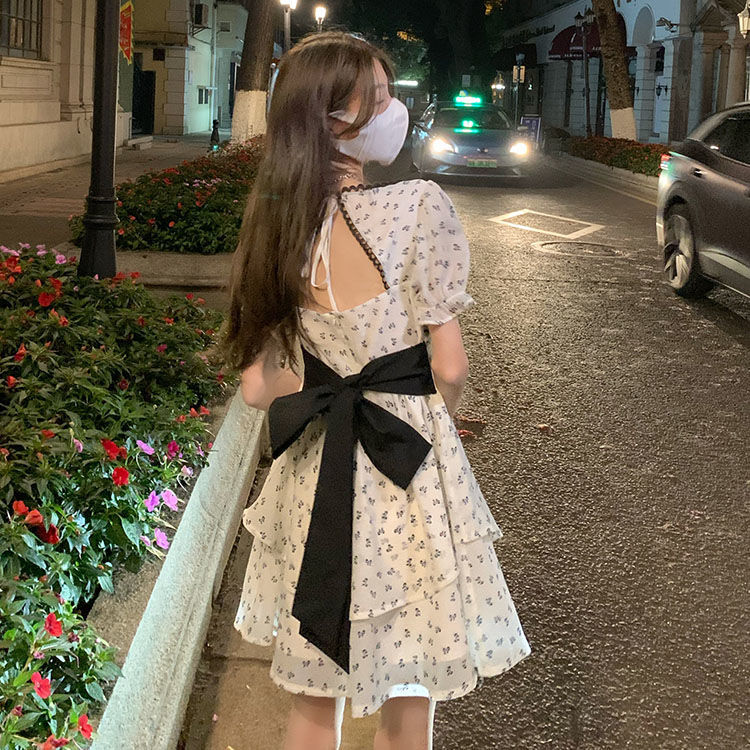 Dresses Women Back-bow Design Summer Vintage Romantic Casual Slim All-match Birthday Party Feminine Tunic Streetwear