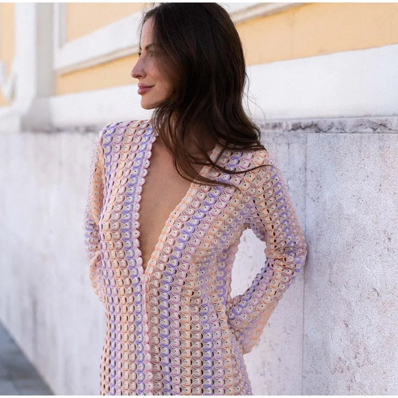Patchwork Deep V-neck Women's Knit Dress Casual Full Flare Sleeve Crocheted Slit Long Dresses Female Autumn Party Vestidos