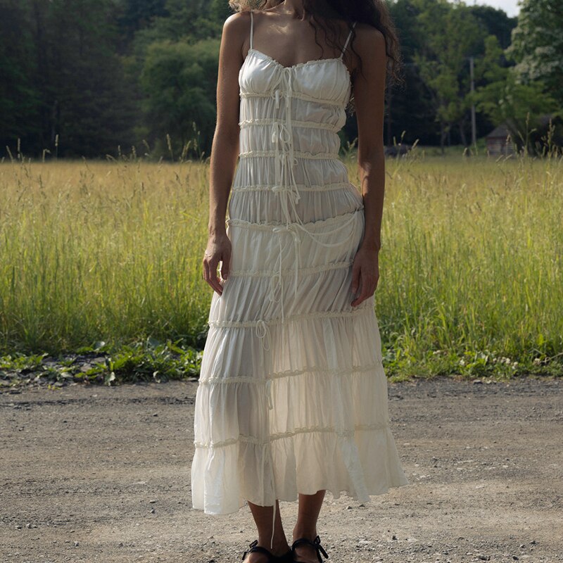 Y2K Vintage Ruffle Tunnel Gown Dress Tie Up Bandage Backless Maxi Long Dresses Women 2000s Retro Fairy Cottage Cocktail Vestidos