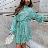 Sequins Women Lace Up Dress Green Turtleneck Long Sleeeve Midi Female Dresses  Autumn Winter Ruffle Party Club Lady