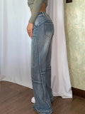 Woloong Grunge Retro Baggy Jeans Y2k Streetwear Low Rise Stitched Wide Leg Denim Cargo Pants Basic Mom Jean Casual Women Outfits