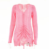 Women Deep V-neck Hollow Out Sexy Knitted Dresses Solid Long Sleeve Drawstring Mini dress Fashion Casual Spring Streetwear