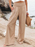 Spring Summer Cotton Linen Women Pants Pockets Solid Casual White Wide Leg Office Lady White Long Trousers Khaki