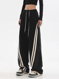 Woloong Women Autumn Winter High Waist Contrast Color Drawstring Tie Up Sweatpants High Street Wide Leg Straight Cylinder Lady Trousers