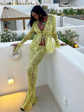 Print Y2K Mesh Long Sleeve Top Shirts Green and Maxi Skirt Bodycon Sexy Two Piece Sets Beach Outfits Women Club