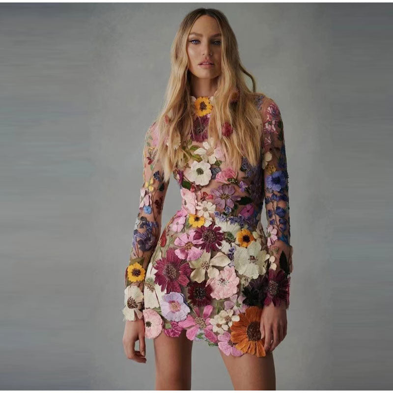 Flower Embroidery Women's Dress Sexy Hip Package Long Sleeve Bodycon Female Dresses  Spring Summer Elegant Mini Vestidos