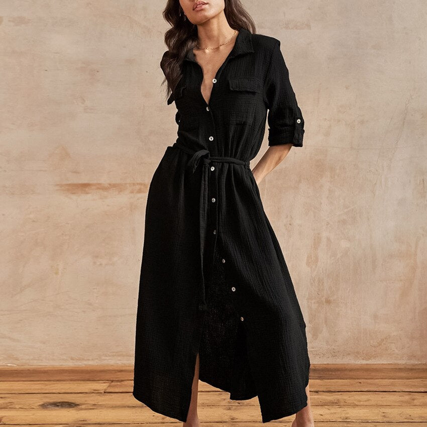 Elegant Slim Summer Women Fashion Cotton Dresses Buttons Cardigan Shirts Dress Casual Long Sleeves Home Wear Office Vestidos