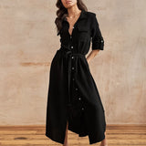 Elegant Slim Summer Women Fashion Cotton Dresses Buttons Cardigan Shirts Dress Casual Long Sleeves Home Wear Office Vestidos