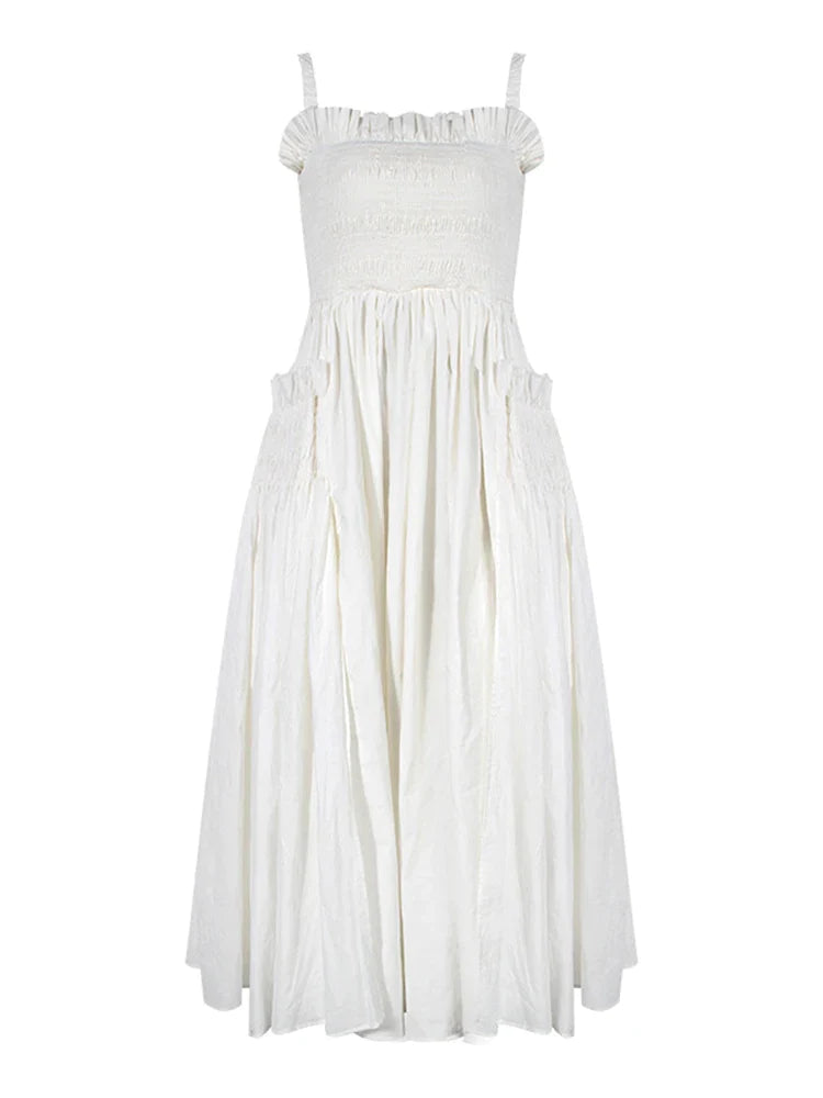 Elegant Ruffle Dress For Women Spaghetti Strap Hollow Out Backless High Waist Puff Dresses Female