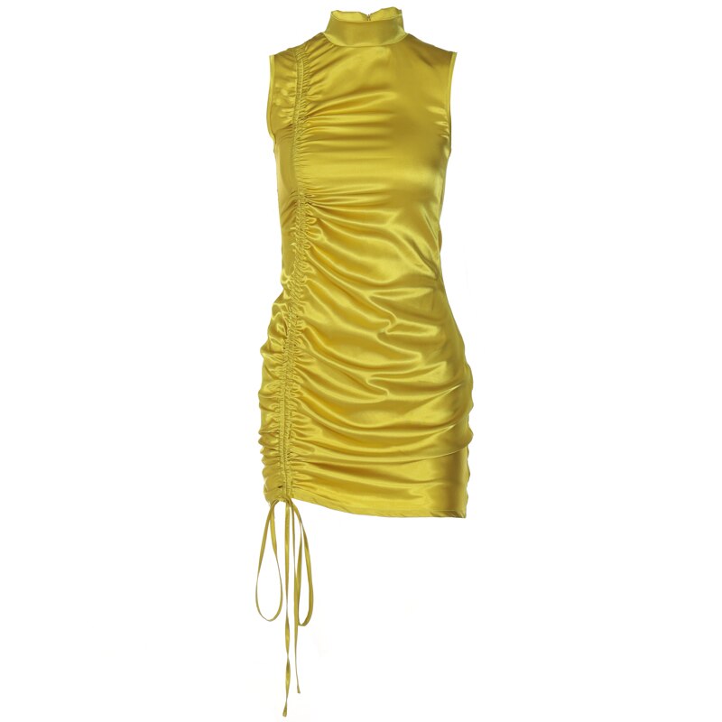 woloong Lace Up Drawstring Ruched Sleeveless Satin Mini Dress Summer Solid Bodycon Sexy Streetwear Party Club Elegant