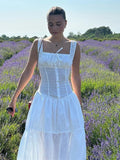 Sexy White Pleated Holiday Dress Woman Lace Up Square Collar Ruffles Female Dresses Elegant Button Sleeveless Beach Vestido