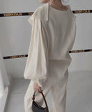 Ruffle Spliced V-neck Shirt + High Waist Wide Leg Pants Set Female  Autumn New Women Solid Loose Two-piece 16T577
