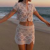 Floral Crochet Hollow Out 2 Piece Set Front Tie Up Short Sleeve Crop Tops + Mini Skirt Vintage Fairy Knitted Boho Beach Holiday