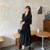 Long Sleeve Ladies Dress Women Autumn Formal French Retro Solid Korean Style Button-design Daily Office Lady Streetwear Fashion