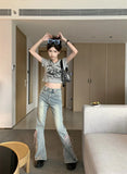 Woloong Y2K High Waist Jeans Women Vintage Bandage Slit Slim Flare Denim Pants Female Korean Streetwear Casual Wide Leg Trousers