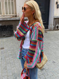 Autumn Colorful Knit Crochet Cardigan Women Casual Flare Long Sleeve Loose Sweater Female Y2K Chic Hollow Out Streetwear