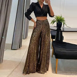 Woloong Elegant Shinny Sequin Long Pants Women Fashion High Waist Draped Loose Trousers Spring Autumn Casual Wide Legger Solid Pant