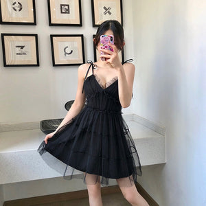 Spaghetti Strap Dress Black Sweet Princess High Waist A-line Sexy Mini Dress Puffy Vintage Mesh Dress Sundress  Women Clothing