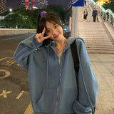 Women Hoodies Harajuku Korean Version Zip Up Loose Oversized Sweatshirts Casual Solid Color Long Sleeve Hooded Sweatshirt Coats
