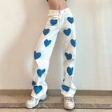Fashion love printed color  pants jeans contrast high waist straight leg jeans casual pants woman