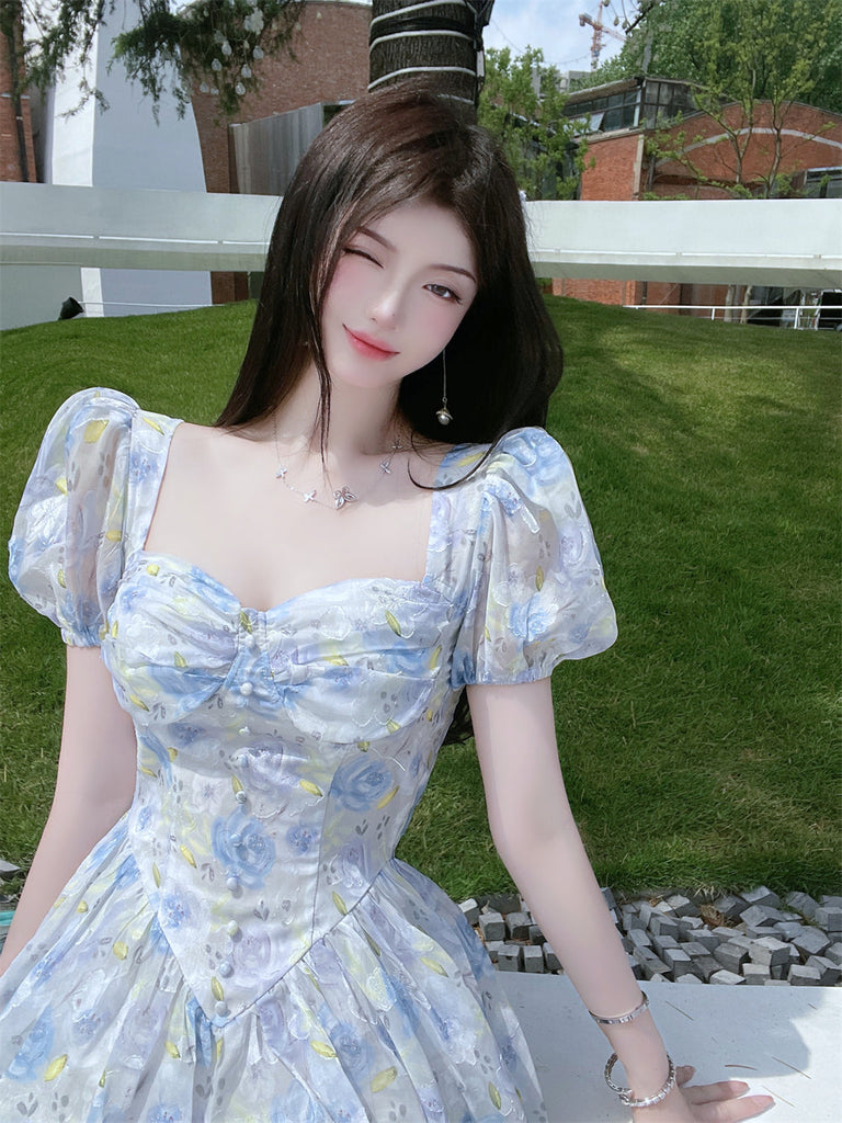 woloong Retro Chic Floral Dress Women's Summer Square Collar Dresses High Waist Short Sleeved A-line Party Slim Mini Dress Vestidos