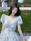 woloong Retro Chic Floral Dress Women's Summer Square Collar Dresses High Waist Short Sleeved A-line Party Slim Mini Dress Vestidos